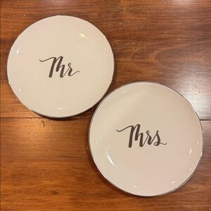 NWT Crate&Barrel Mr. Mrs. 8” Plate Set of 2 Wedding Cake Anniversary Bridal NEW
